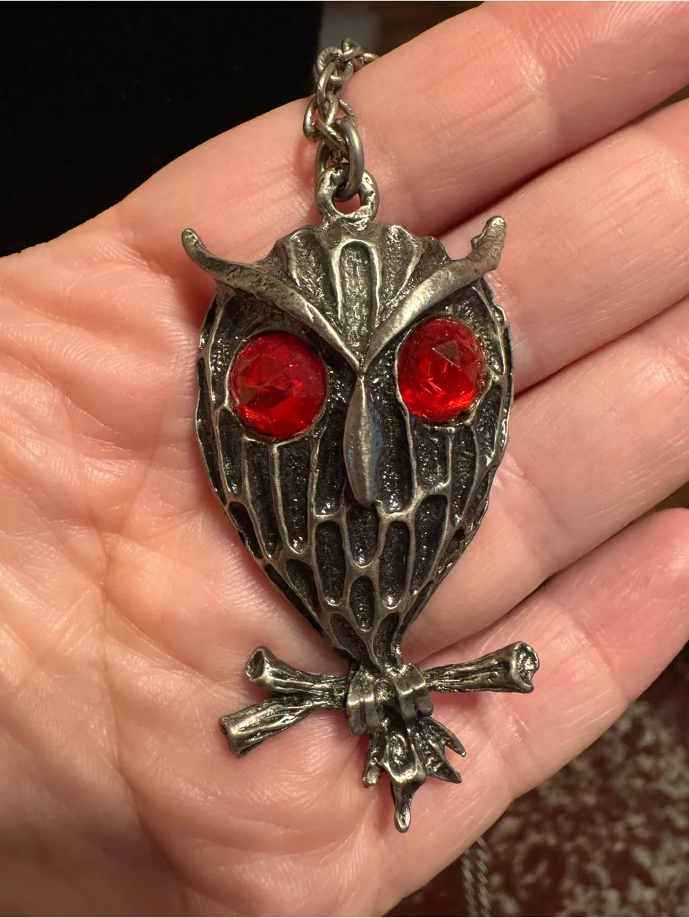 Silver Owl Pendant Necklace with Red Crystal Eyes